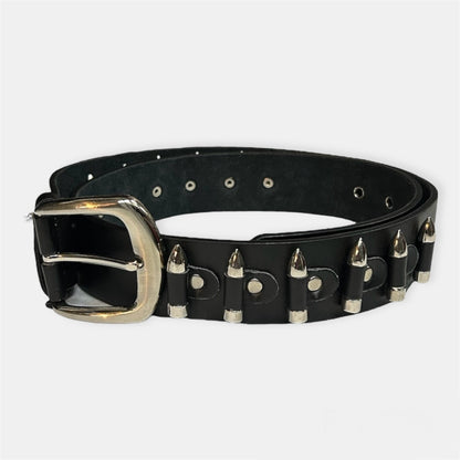 Strap into this stunning silver studded bullet belt, crafted to perfection for goth guys and punk princesses alike! Prepare to turn heads with its metal design, adorned with a row of captivating bullets studs that exude unparalleled style and edge. Embrace the allure of genuine leather construction as you confidently break hearts, secured with a striking silver buckle closure.