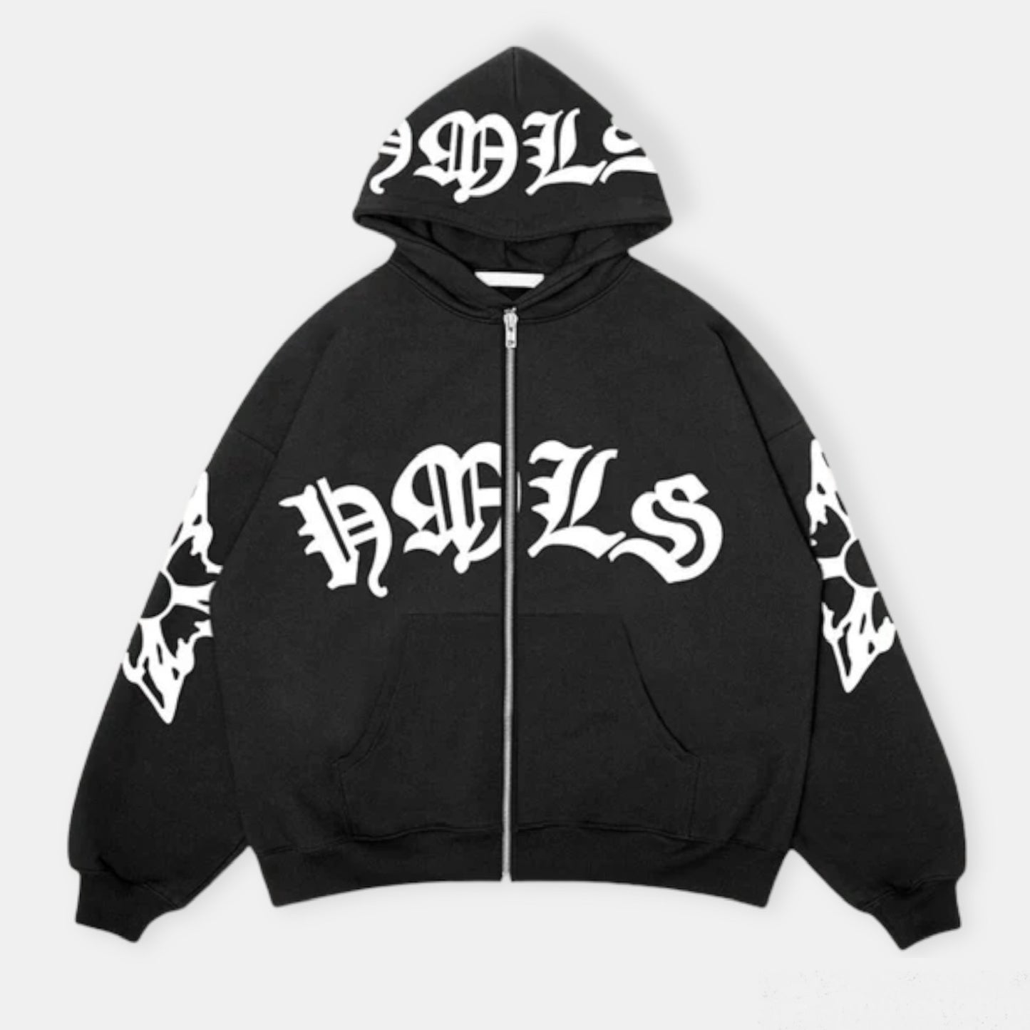 DELS Street Puff Print Zipper Black Hoodie