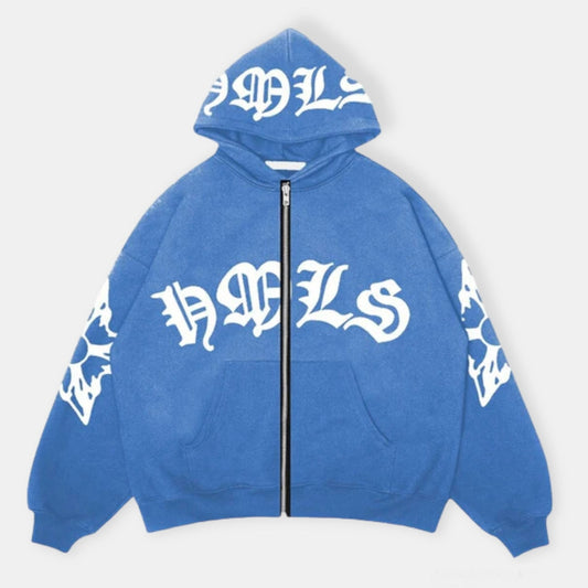 DELS Street Puff Print Zipper Blue Hoodie