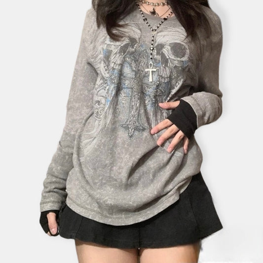 Gothic Grey Skull Tee Long Sleeve