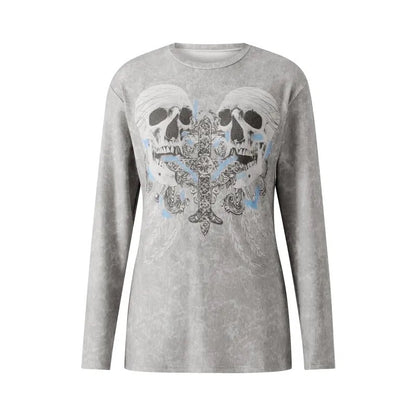 Gothic Grey Skull Tee Long Sleeve